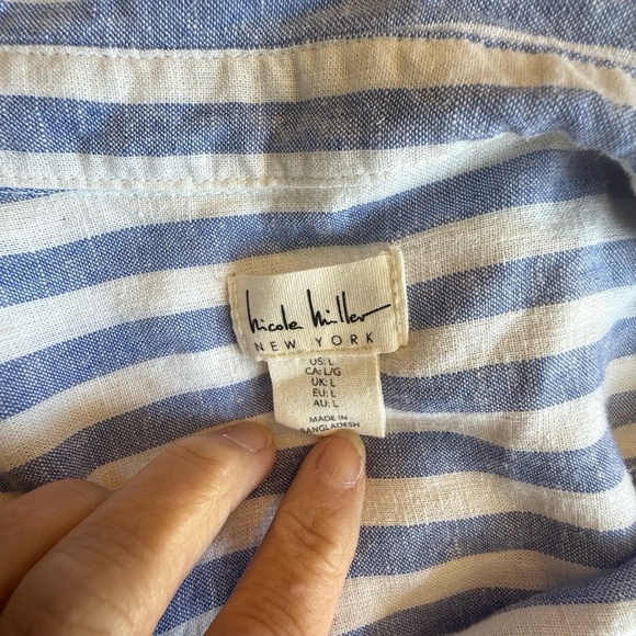 Nicole Miller Large Blue White Striped Linen 3/4 Sleeve Button Down - Picture 5 of 7